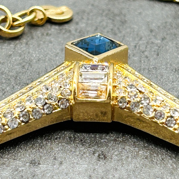 Authentic Vintage Christian Dior Gold Tone  Blue Rhinestone Crystal Necklace 16” - Picture 6 of 15